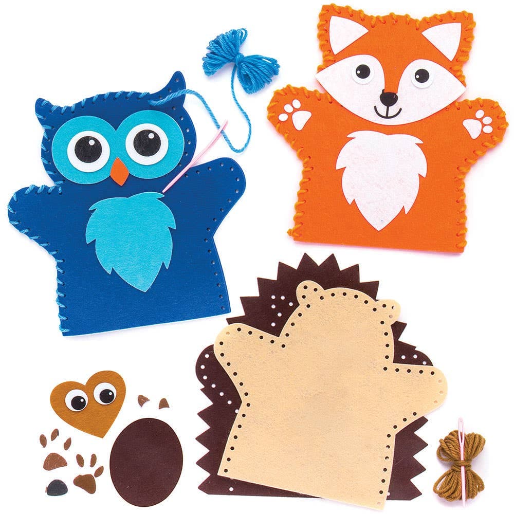 Woodland Animal Hand Puppet Sewing Kits (Pack of 3) All-In-One Kits, Hedgehog, Owl & Fox, Beginners Sewing Kits