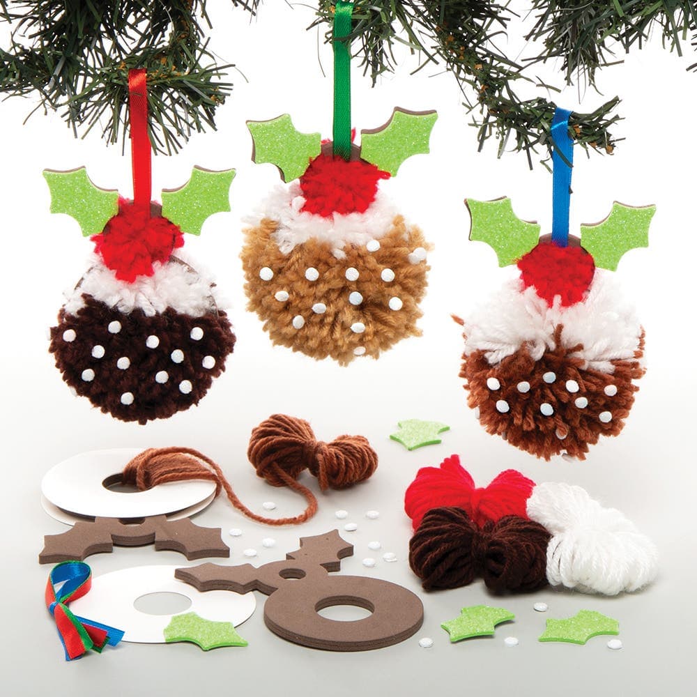 Christmas Pudding Pom Pom Decoration Kits (Pack of 3) Christmas Crafts, 3 Assorted Designs, Hanging Decoration