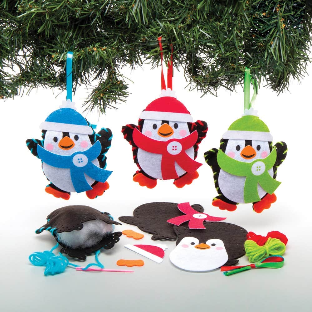 Penguin Sewing Decoration Kits (Pack of 3) Beginners Sewing Kits, Felt Crafts, 3 Assorted Colours