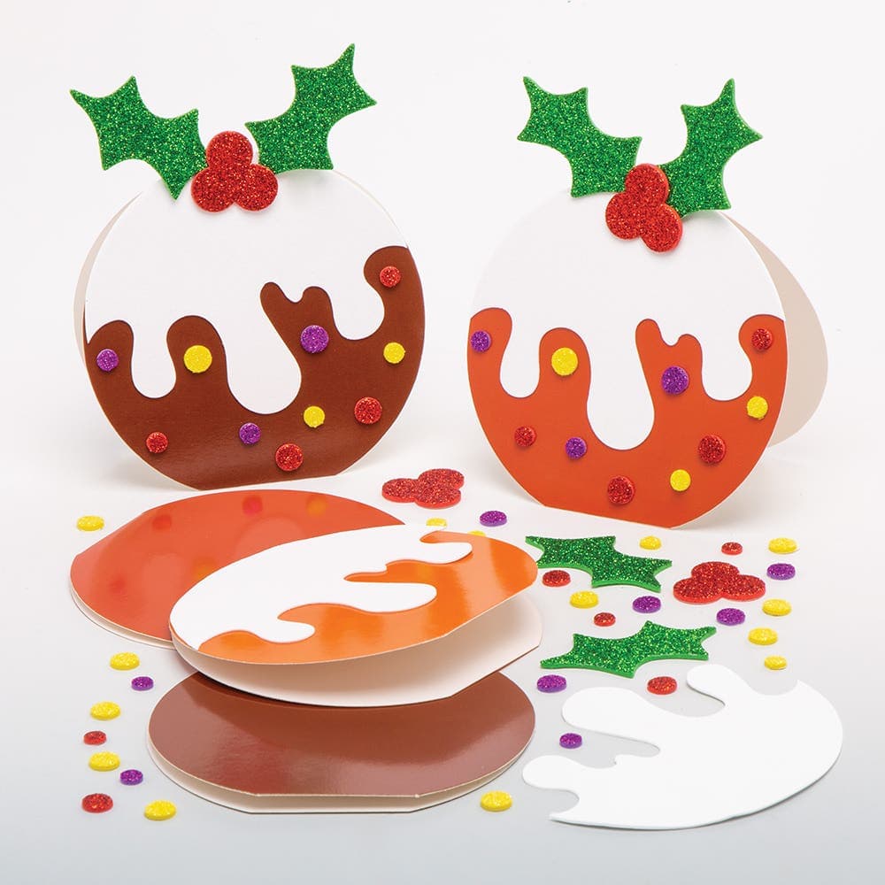 Christmas Pudding Greeting Card Kits (Pack of 6) Christmas Crafts 3 assorted card colours - Dark Brown, Light Brown & Orange