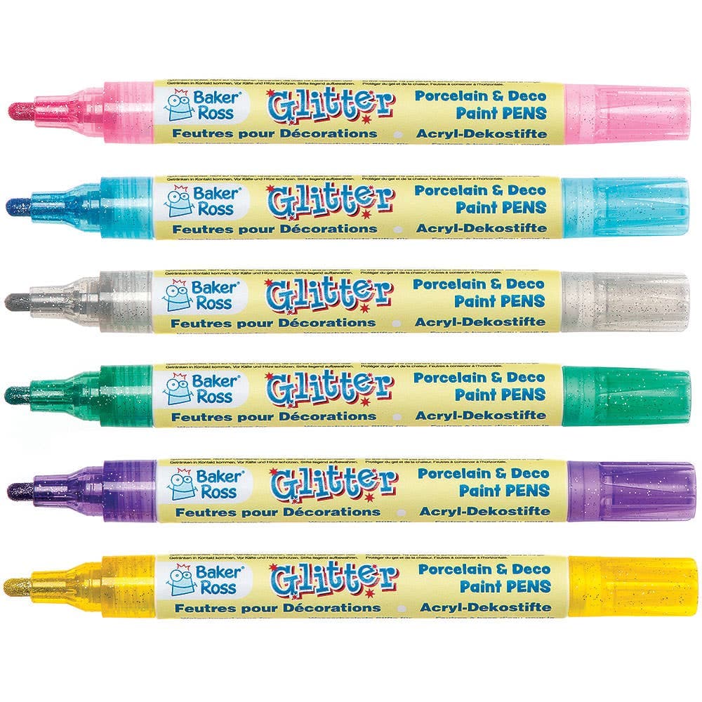 Glitter Porcelain & Deco Paint Pens Colour Pack A (Colour Pack A) Art Supplies, Art Materials 6 assorted glitter colours - Yellow, Light Blue, Teal, Pink, Silver & Dark Purple
