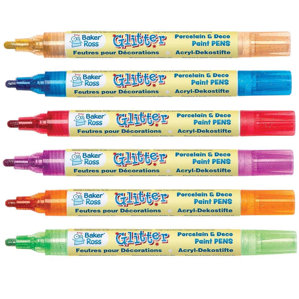 Glitter Porcelain & Deco Paint Pens Colour Pack B (Colour Pack B) 6 Assorted Glitter Colours, Water-Based Paint, Broad Tip