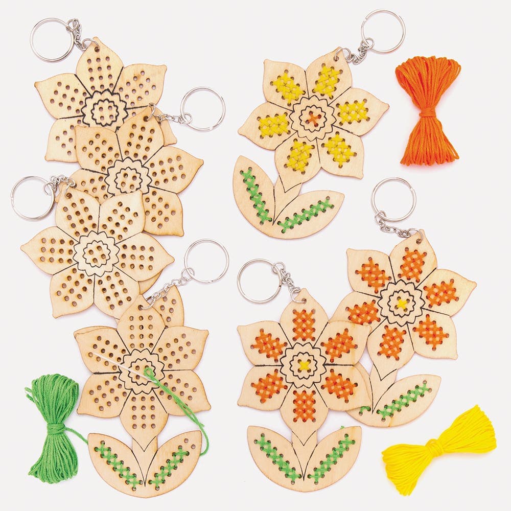 Daffodil Wooden Cross Stitch Keyring Kits (Pack of 5) Sewing & Weaving Craft Kits 3 embroidery thread colours - Yellow, Orange & Green