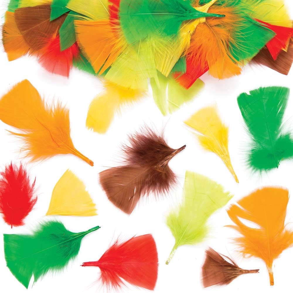 Autumn Craft Feathers (Pack of 120) Natural Craft Materials 6 colours - green, red, mustard, orange, brown, dark green