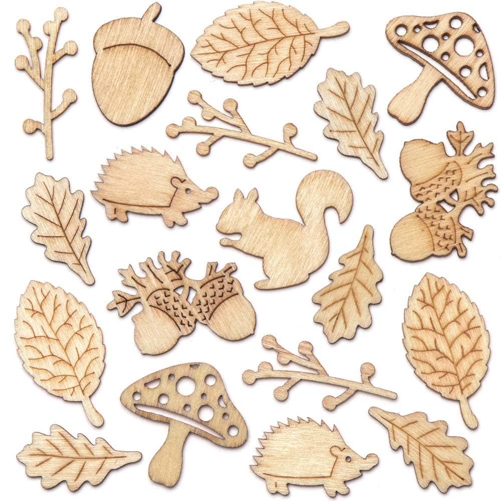 Autumn Mini Wooden Shapes (Pack of 45) 9 Assorted Designs - Leaves, Acorns, Toadstools, Squirrells & Hedgehogs