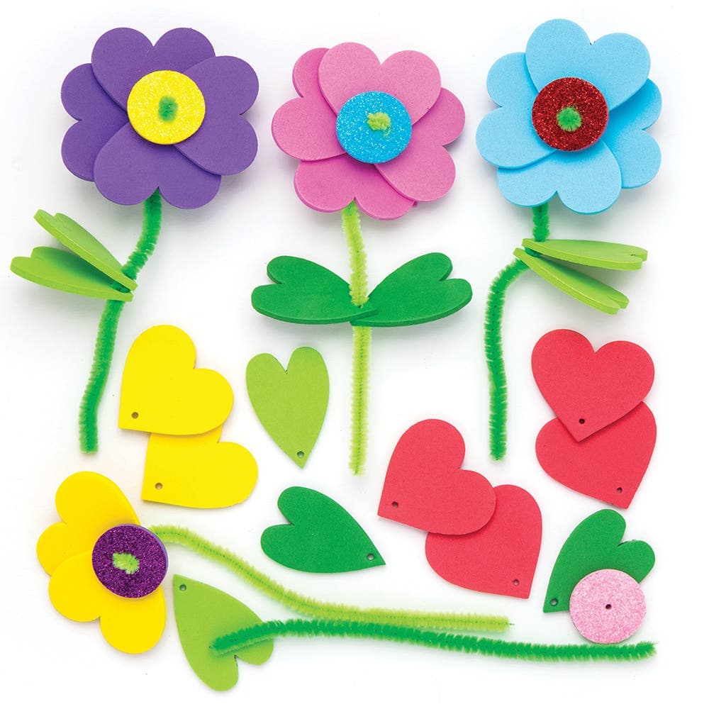 Love Heart Pipe Cleaner Foam Flower Kits (Pack of 6) 6 Assorted Designs, Foam & Pipe Cleaners Included