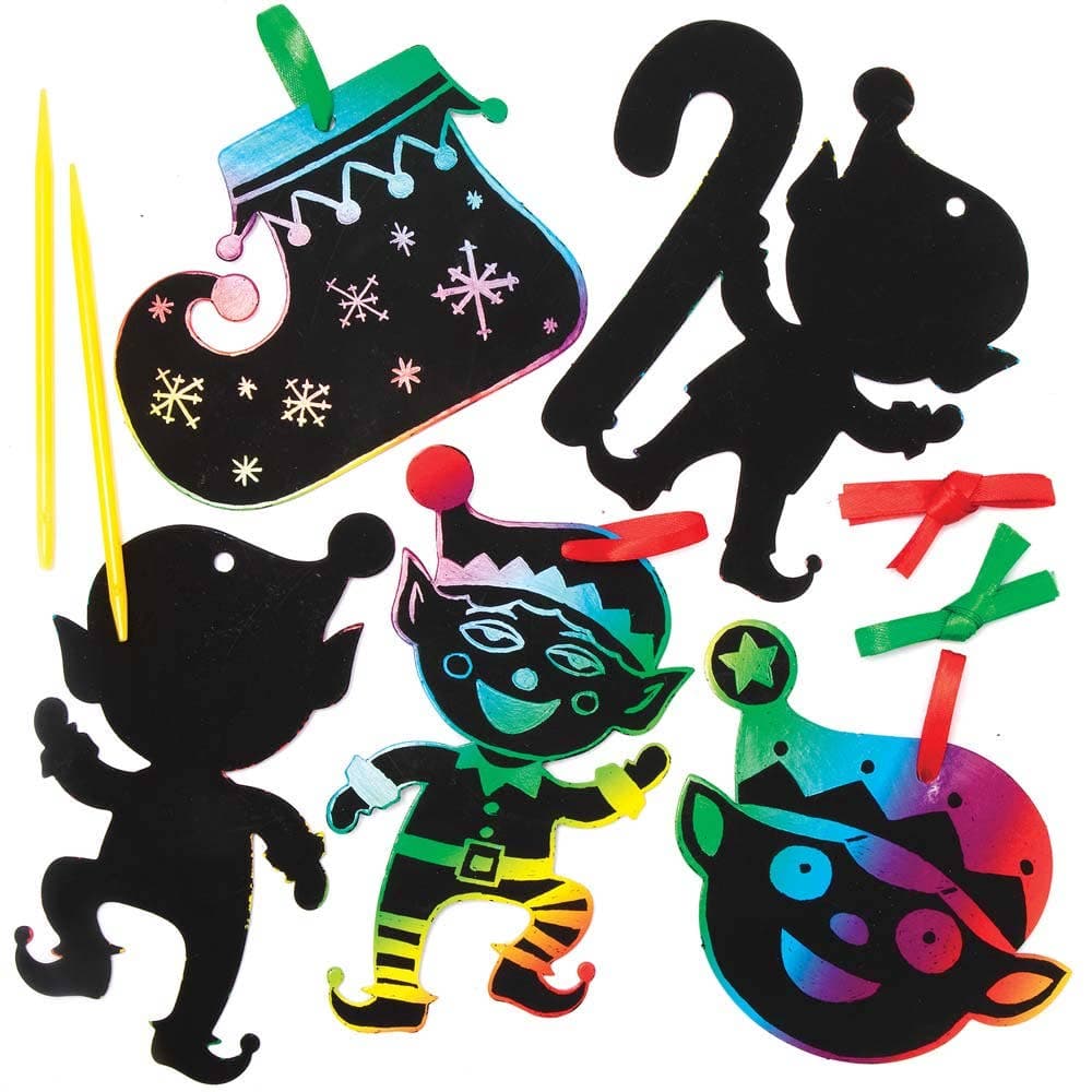 Christmas Elf Scratch Art Hanging Decorations (Pack of 10) Decorate & Personalise, Rainbow Colours, Tools Included