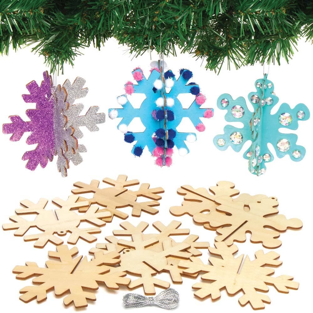 Wooden 3D Snowflakes (Pack of 6) Christmas Craft Supplies