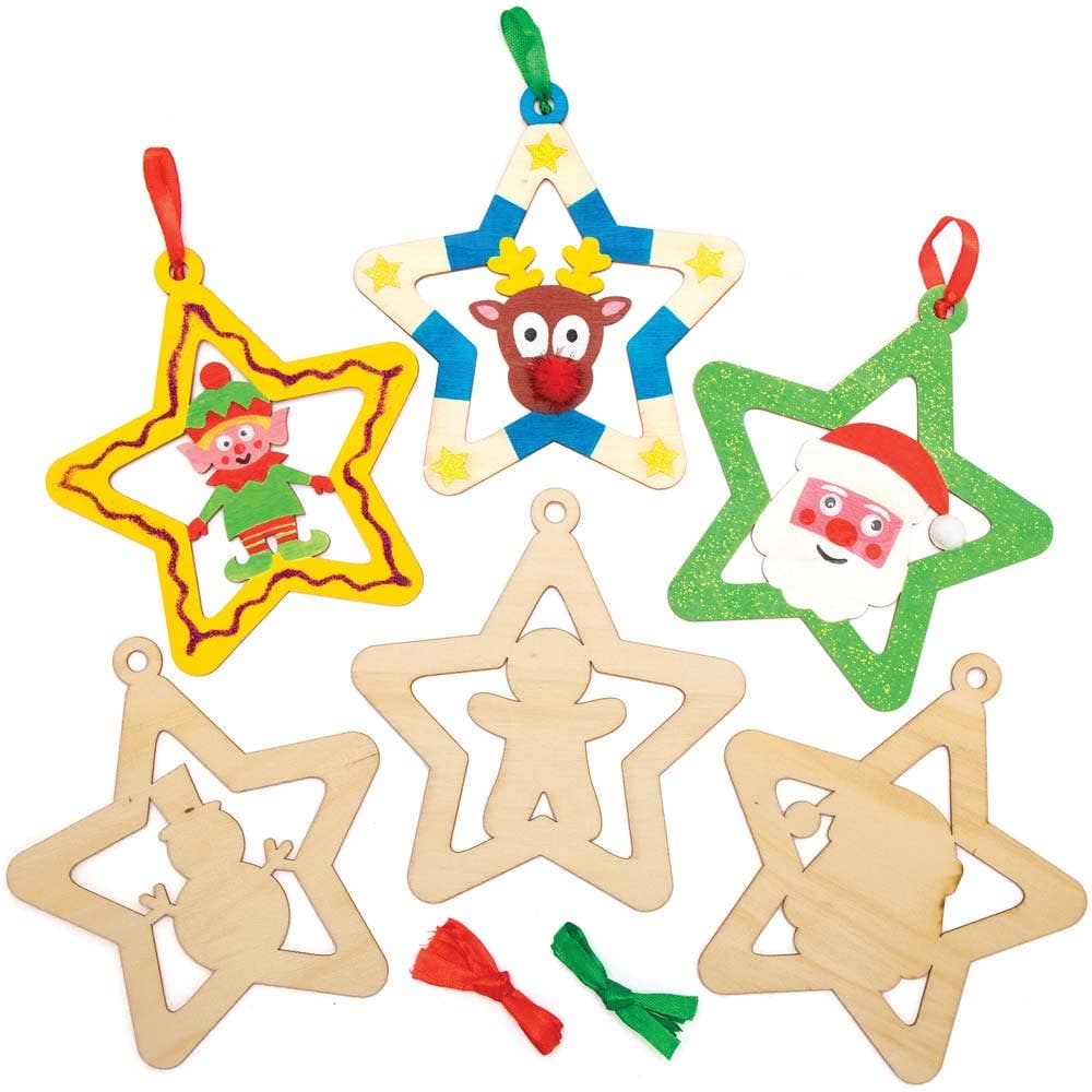 Star Wooden Baubles (Pack of 10) Decoration Craft Kits 2 ribbon colours - Red & Green