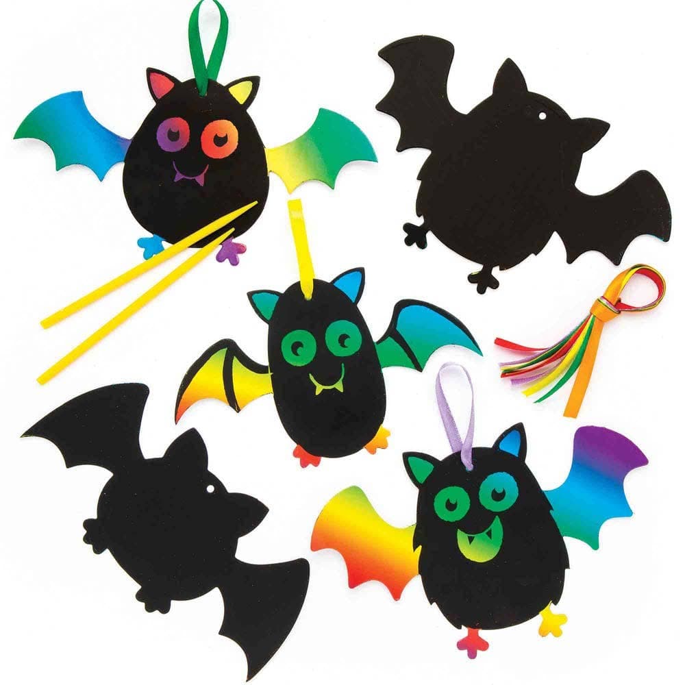 Bat Scratch Art Hanging Decorations (Pack of 10) Scratch Tools Included, Craft Kits