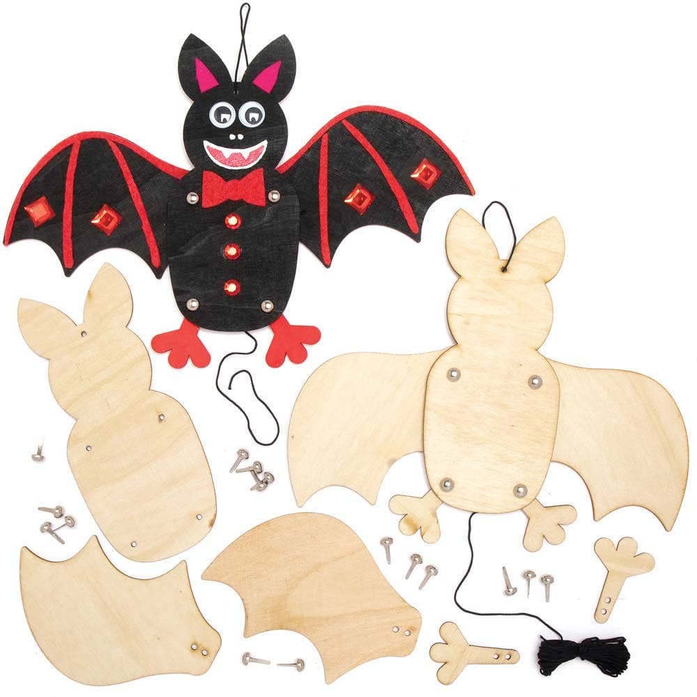 Bat Wooden Puppet Kits (Pack of 4) Halloween Crafts, Assemble & Decorate, Size 19cm