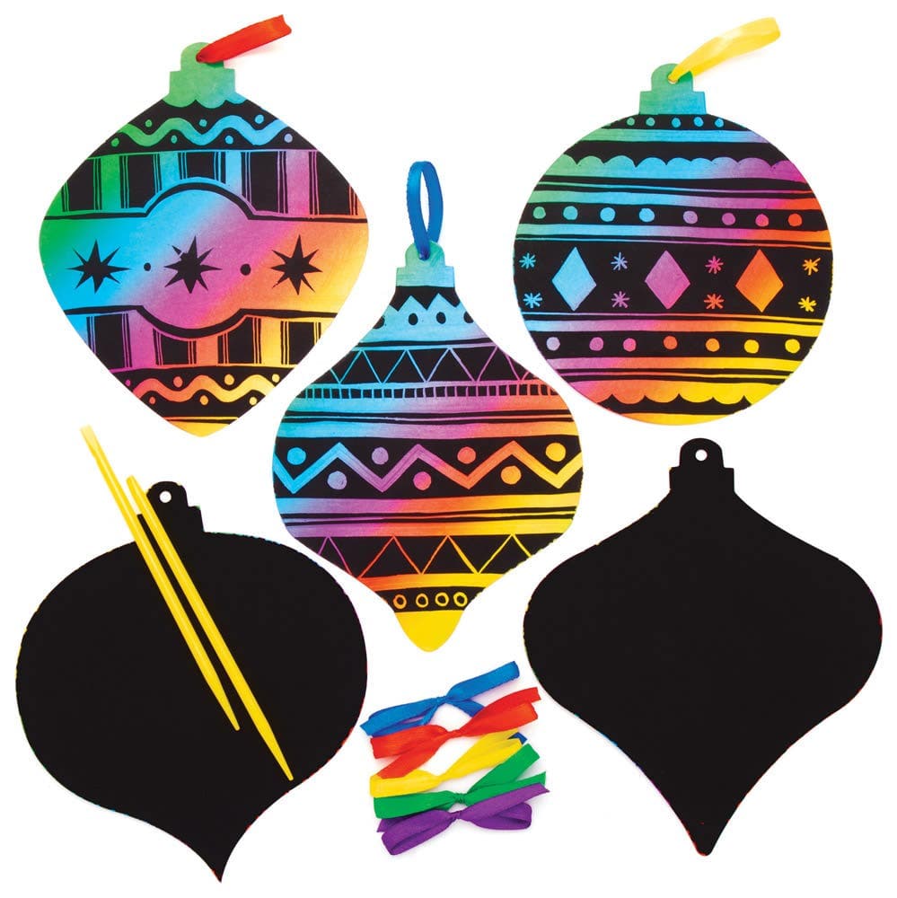 Bauble Scratch Art Decorations (Pack of 10) Christmas Crafts 5 assorted ribbon colours - Red, Blue, Green, Purple & Yellow