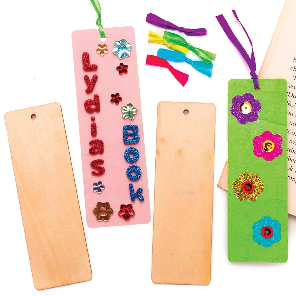 Wooden Bookmark Blanks (Pack of 10) Bookmark Height 15.5cm, 5 Assorted Ribbon Colours, Decoration Craft Kits