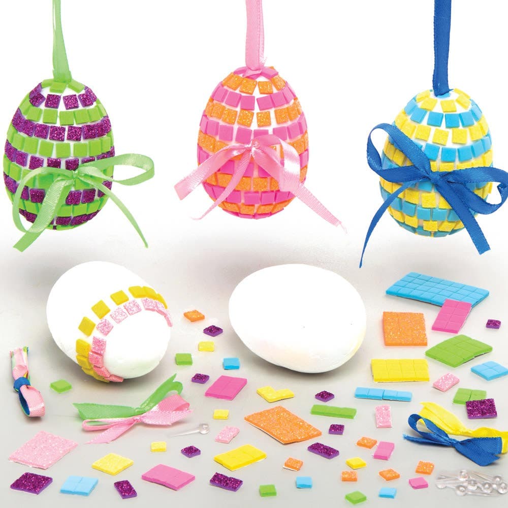 Mosaic Easter Egg Kits (Pack of 4) Easter Crafts For Kids 4 assorted colourways - Pink/Orange, Green/Purple, Blue/Yellow & Pink/Yellow