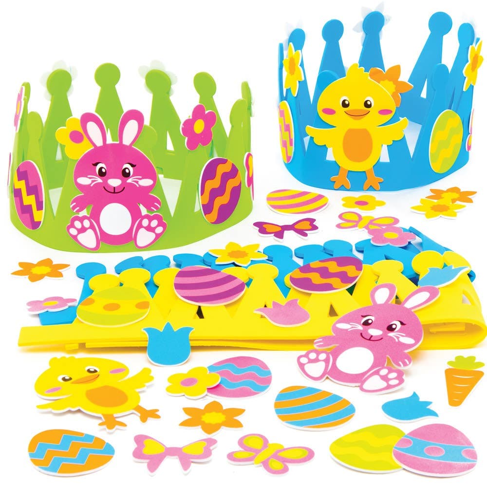 Easter Crown Kits (Pack of 3) 3 Assorted Crown Colours & Designs, Self-Adhesive Foam Pieces Included