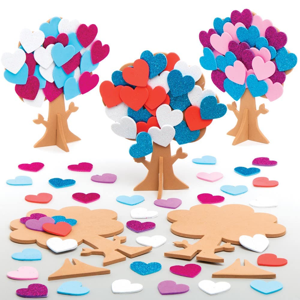 Love Heart Tree Kits (Pack of 5) Decoration Craft Kits 8 assorted heart colours - Red, Light Pink, Dark Pink, Light Blue, Teal, Light Purple, Dark Purple & White