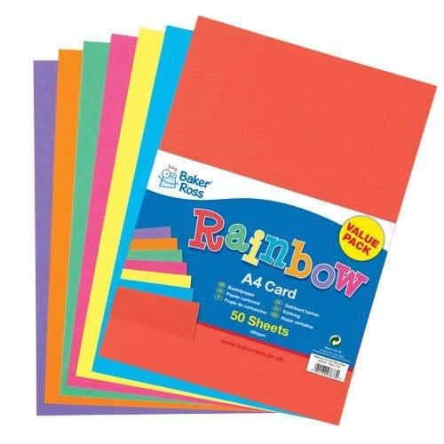 Rainbow Colours A4 Card 220gsm (Pack of 50) Paper & Card 7 assorted colours - Red, Yellow, Pink, Green, Orange, Purple & Blue
