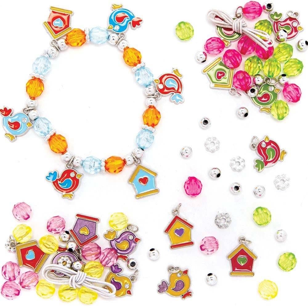 Bird Charm Bracelet Kits (Pack of 3) Jewellery 3 assorted colourways - Blue/Orange, Yellow/Purple & Green/Pink