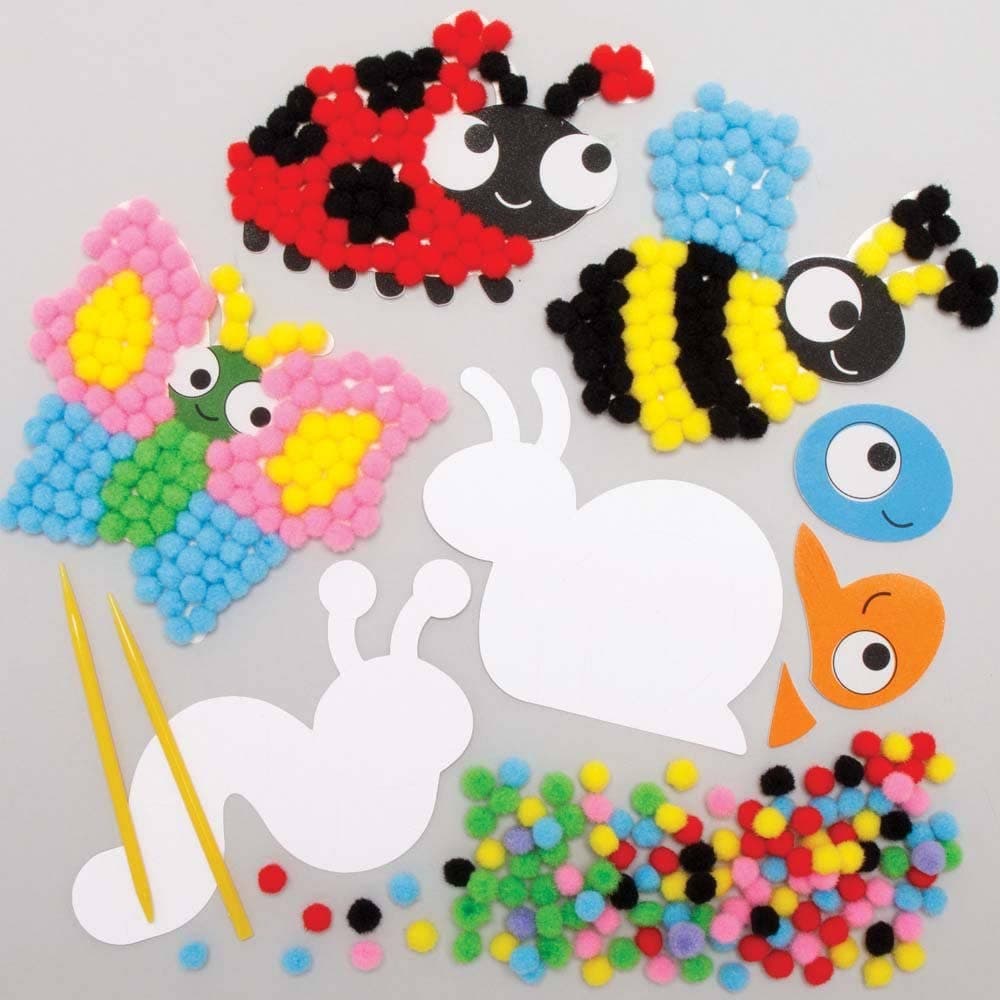 Bug Pom Pom Art Kits (Pack of 5) Art Craft Kits 7 assorted pom pom colours - Green, Pink, Purple, Yellow, Blue, Red & Black