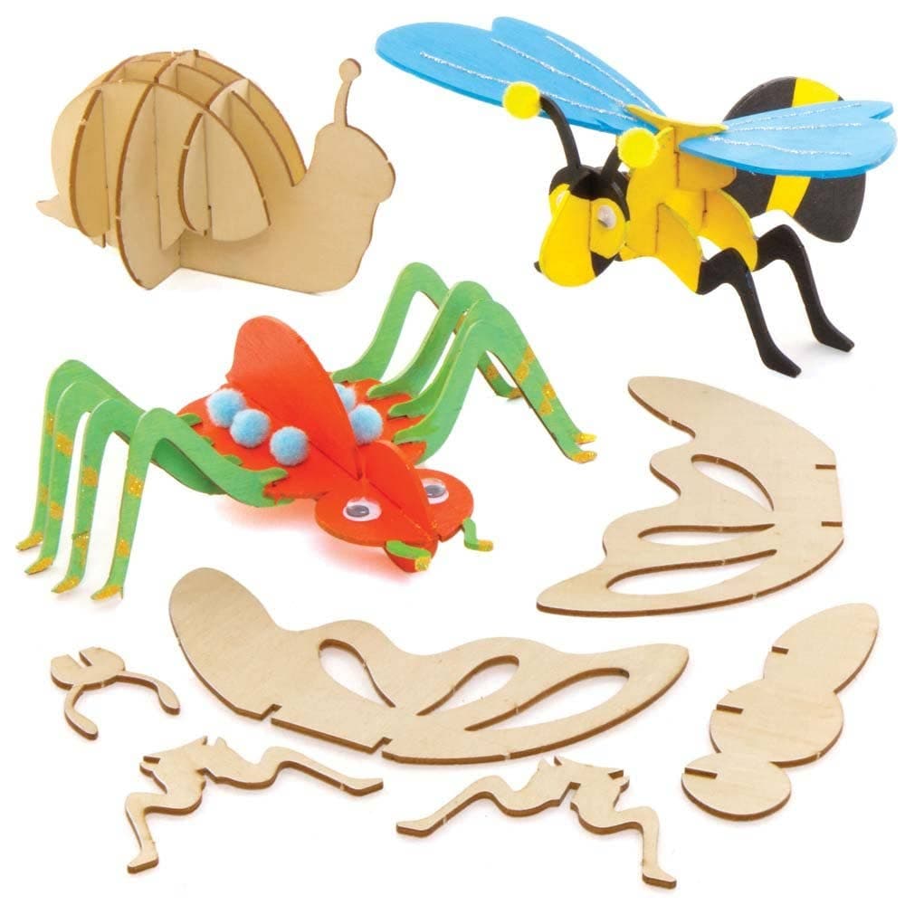 Bug Woodcraft Kits (Pack of 5) Art Craft Kit, Easy To Assemble 3D Bug Figures, 5 Assorted Designs