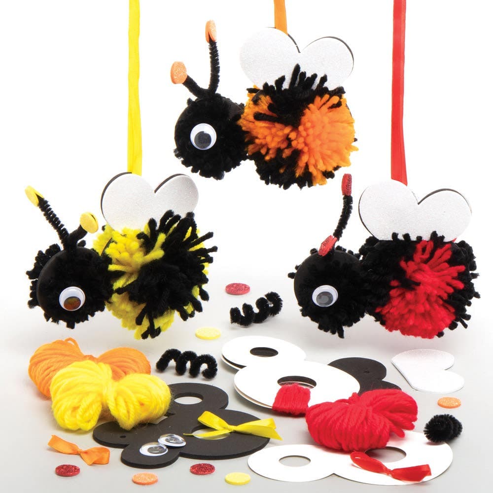 Bumble Bee Pom Pom Kits (Pack of 3) Art Craft Kits 4 assorted wool colours - Black, Red, Yellow & Orange