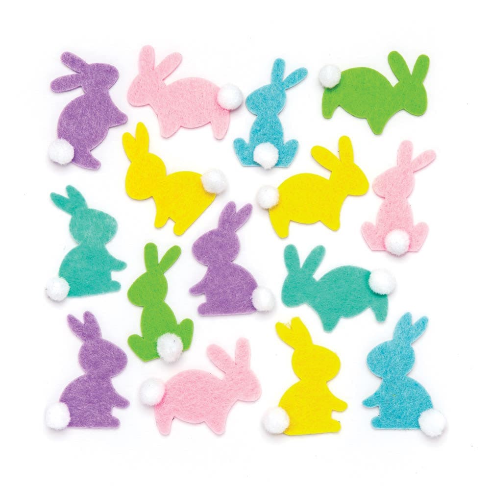 Bunny Pom Pom Felt Stickers (Pack of 60) Easter Craft Supplies 6 assorted pastel colours - Purple - Pink, Green, Yellow, Turquoise & Blue