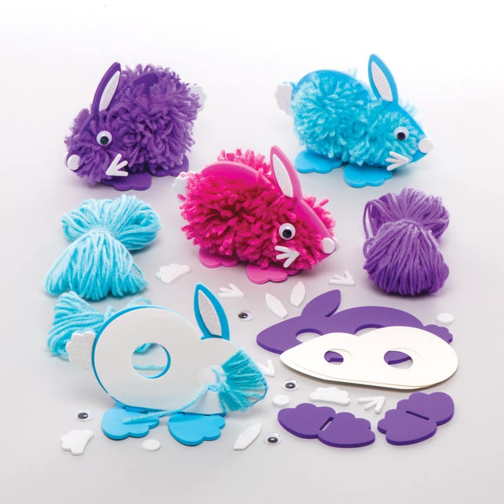 Bunny Pom Pom Kits (Pack of 3) Art Craft Kits 3 assorted wool colours - Pink, Blue & Purple