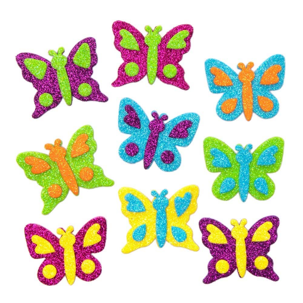 Butterfly Glitter Foam Stickers (Pack of 120) Stickers 6 assorted colours - Yellow, Orange, Pink, Green, Blue & Purple