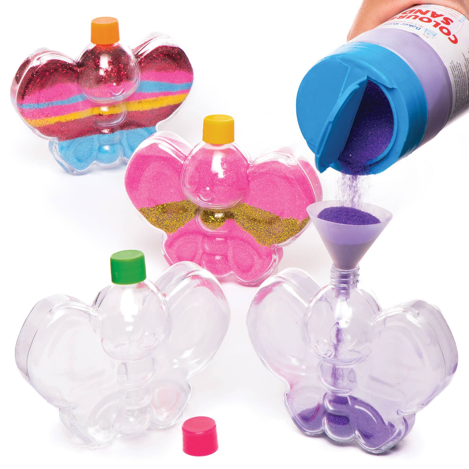 Butterfly Sand Art Bottles (Pack of 5) Fillable Bottles, 5 Assorted Lid Colours, Funnel Included
