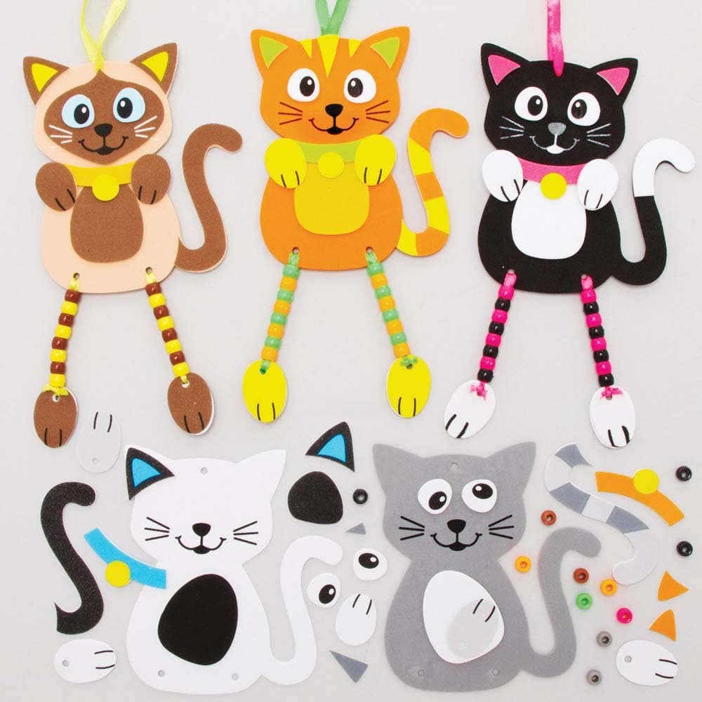 Cat Dangly Legs Decoration Kits (Pack of 5) Crafts For Kids, 5 Assorted Designs, No Glue Required