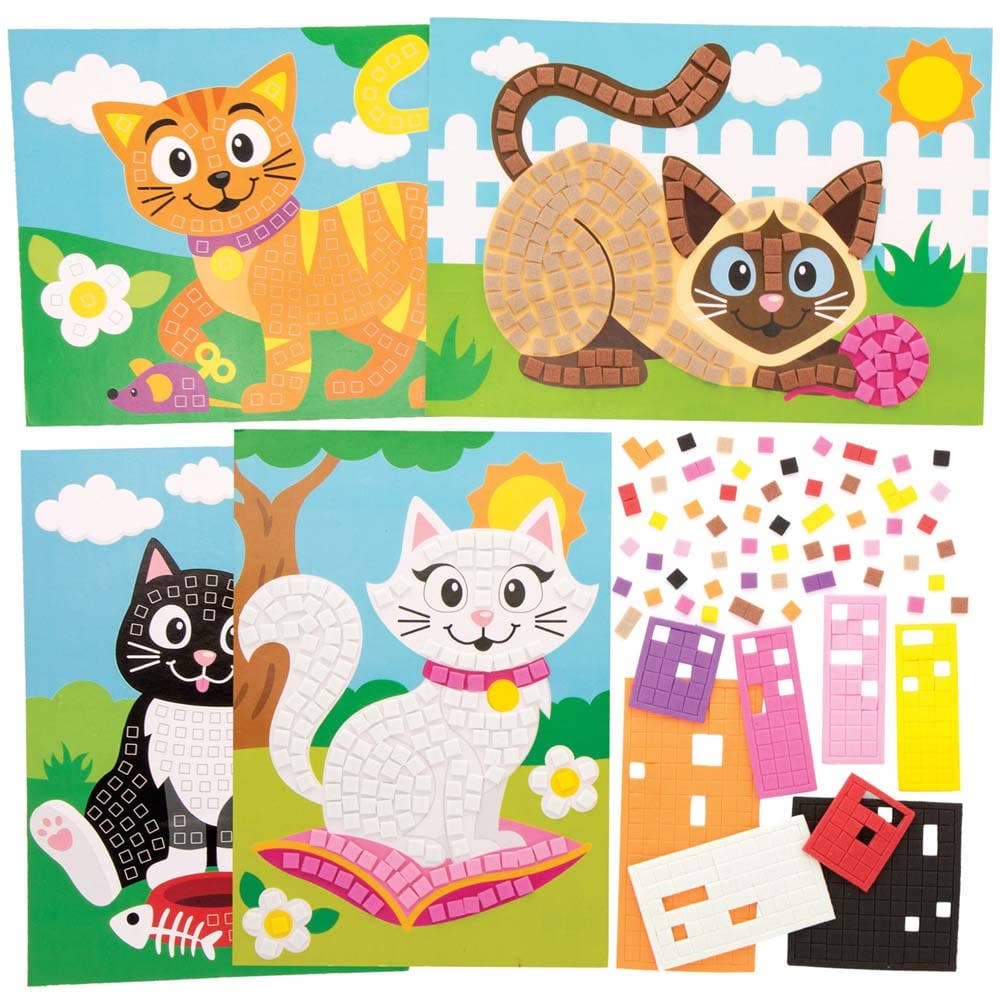 Cat Mosaic Picture Kits (Pack of 4) Self-Adhesive Mosaic Tiles, 4 Assorted Designs, Crafts For Kids
