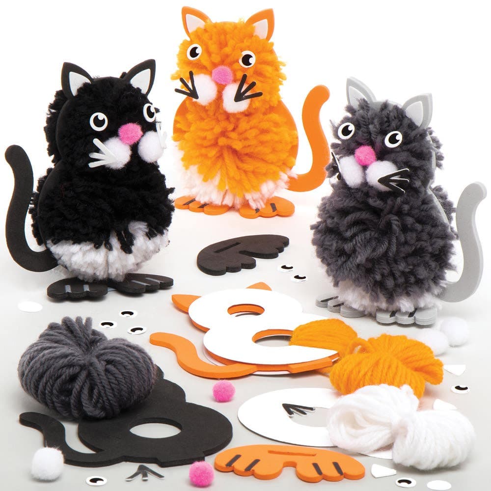Cat Pom Pom Kits (Pack of 3) 4 Assorted Wool Colours, All-In-One Craft Kits For Kids, Cat Size 11cm