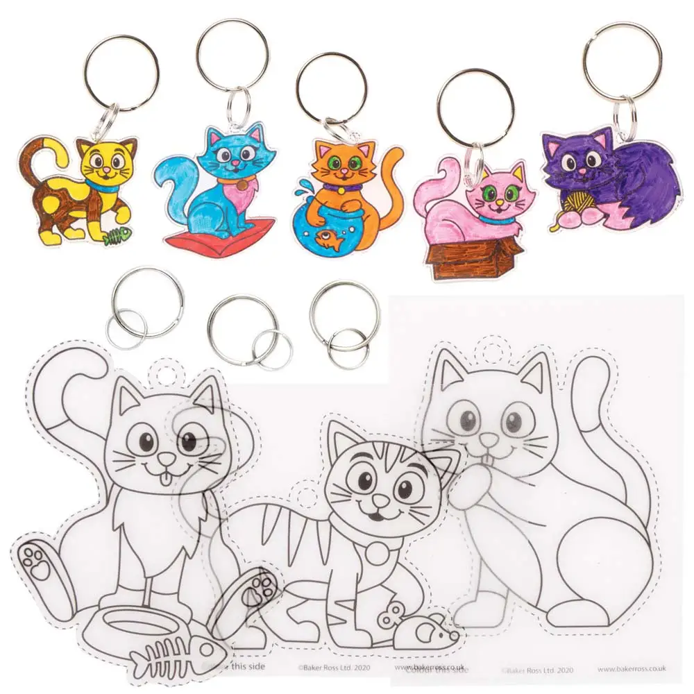 Cat Super Shrink Keyrings (Pack of 8) Craft Kits For Kids