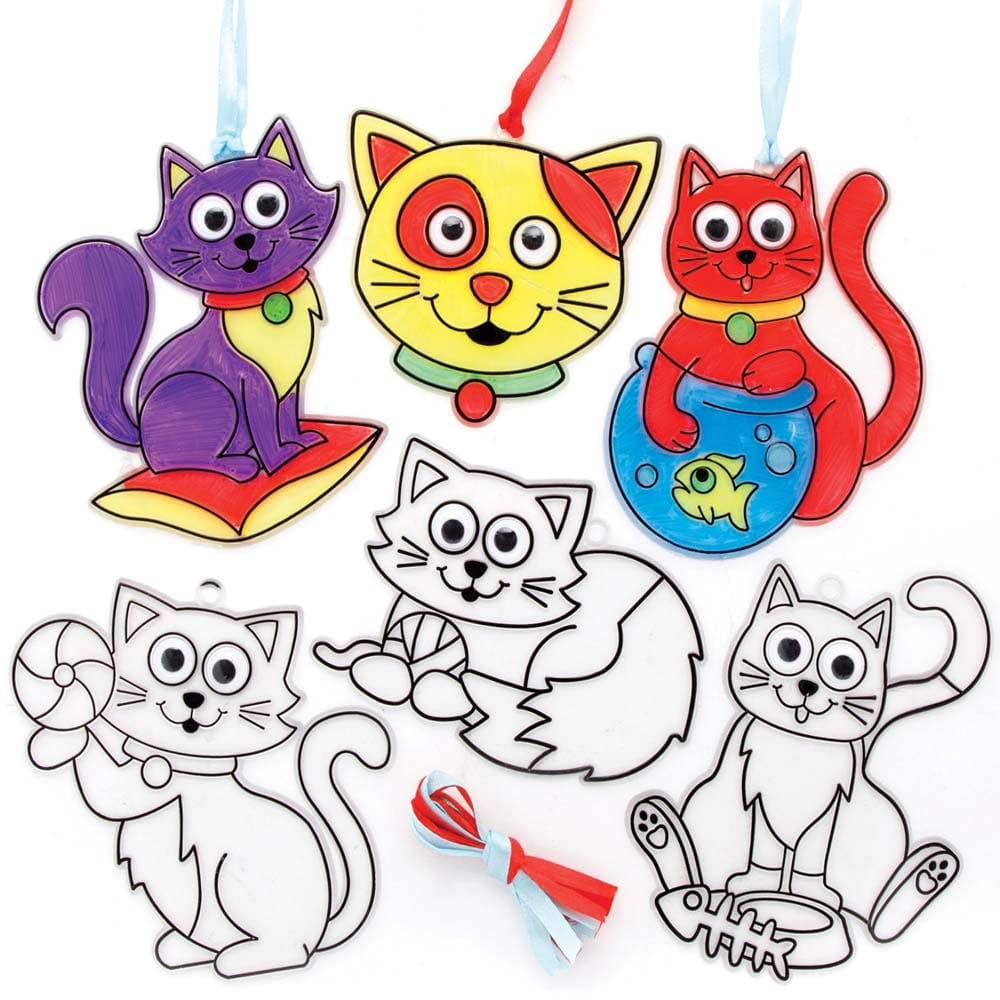Cat Wiggle-Eye Suncatchers (Pack of 8) Decoration Craft Kits 2 ribbon colours - Red & Blue