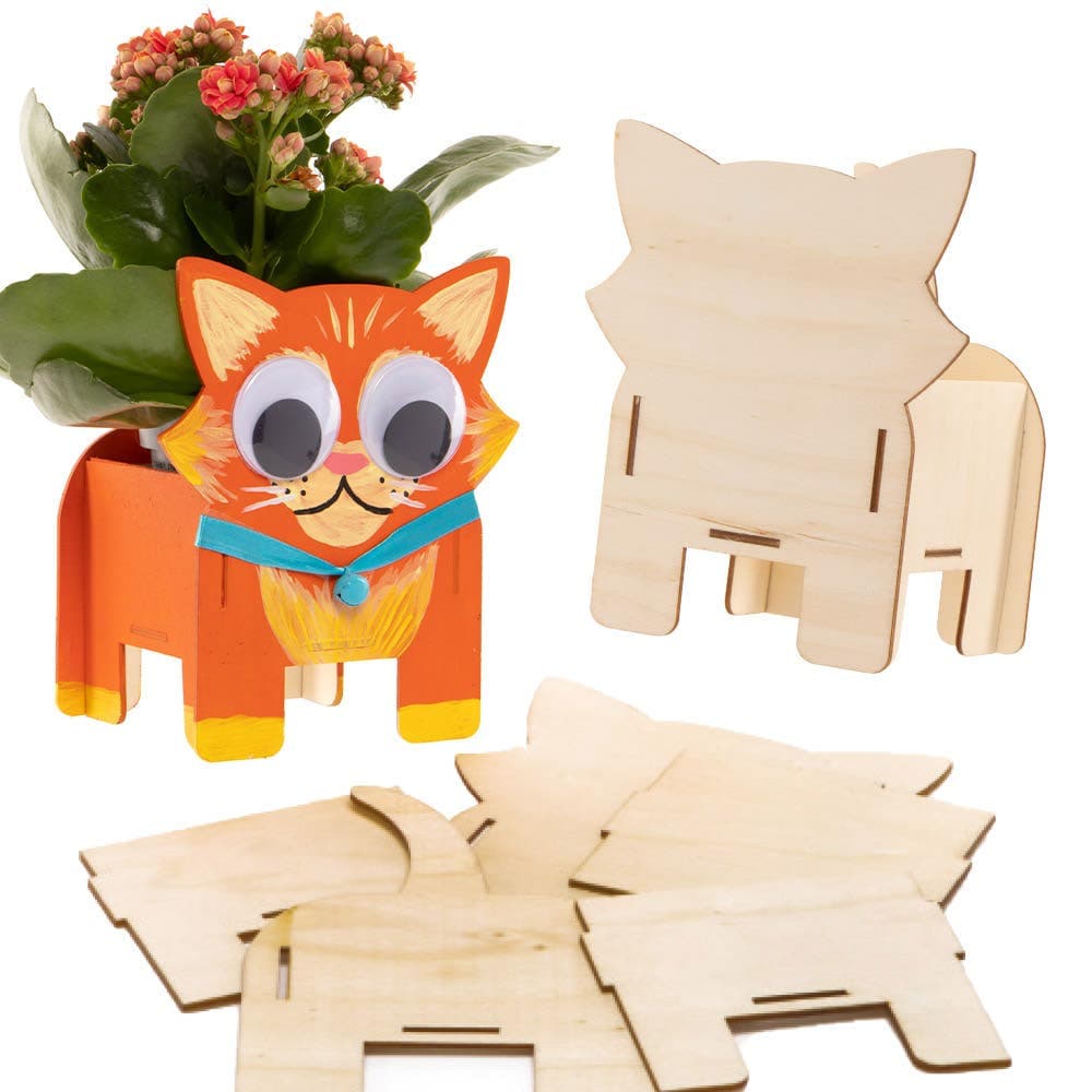 Cat Wooden Flowerpot Kits (Pack of 3) Self-Assemble & Decorate, 3mm Thick Plywood