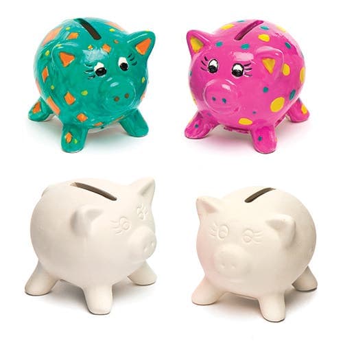 Ceramic Piggy Banks (Pack of 4) Decoration Craft Kits, Size 7.5cm, Paint & Decorate, Removable Stopper Included