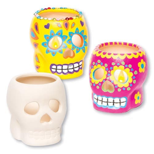 Skull Ceramic Tealight Holders (Pack of 3) Design Your Own, 74mm x 70mm x 65mm, Day Of The Dead Themed Crafts