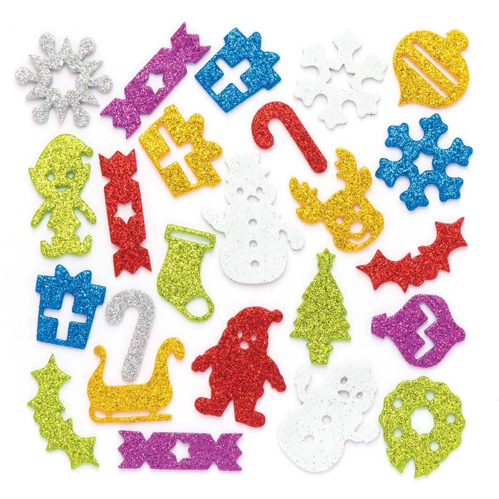Christmas Glitter Foam Stickers (Pack of 100) Christmas Craft Supplies, 7 Colours - Green, Blue, Red, Silver, Gold, Purple & White