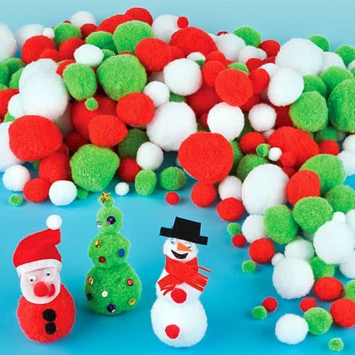 Christmas Pom Poms Value Pack (Pack of 210) Christmas Craft Supplies 3 assorted colours - Red, Green & White