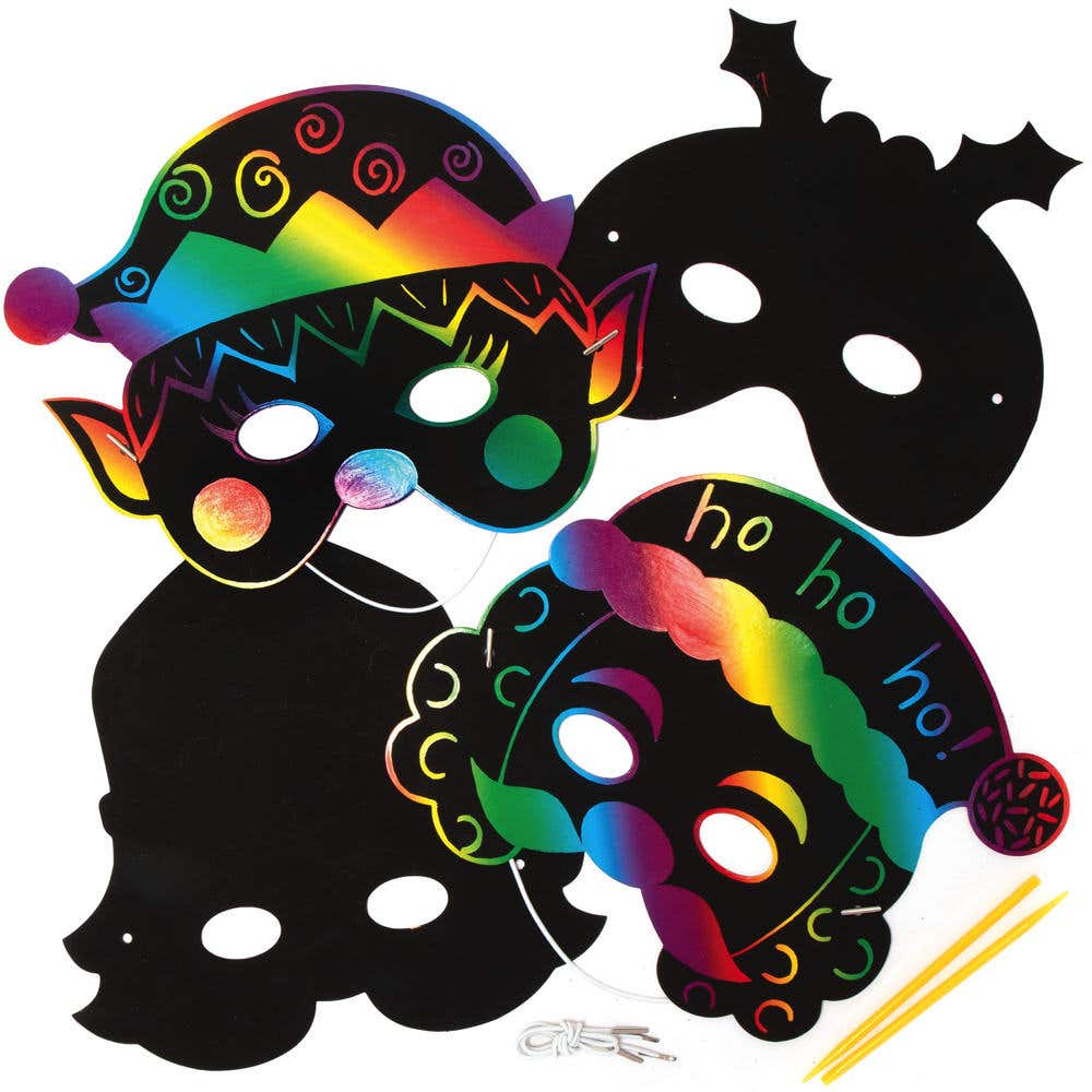 Christmas Scratch Art Wearable Masks (Pack of 8) Tools Included, Fun Craft Activity For Kids