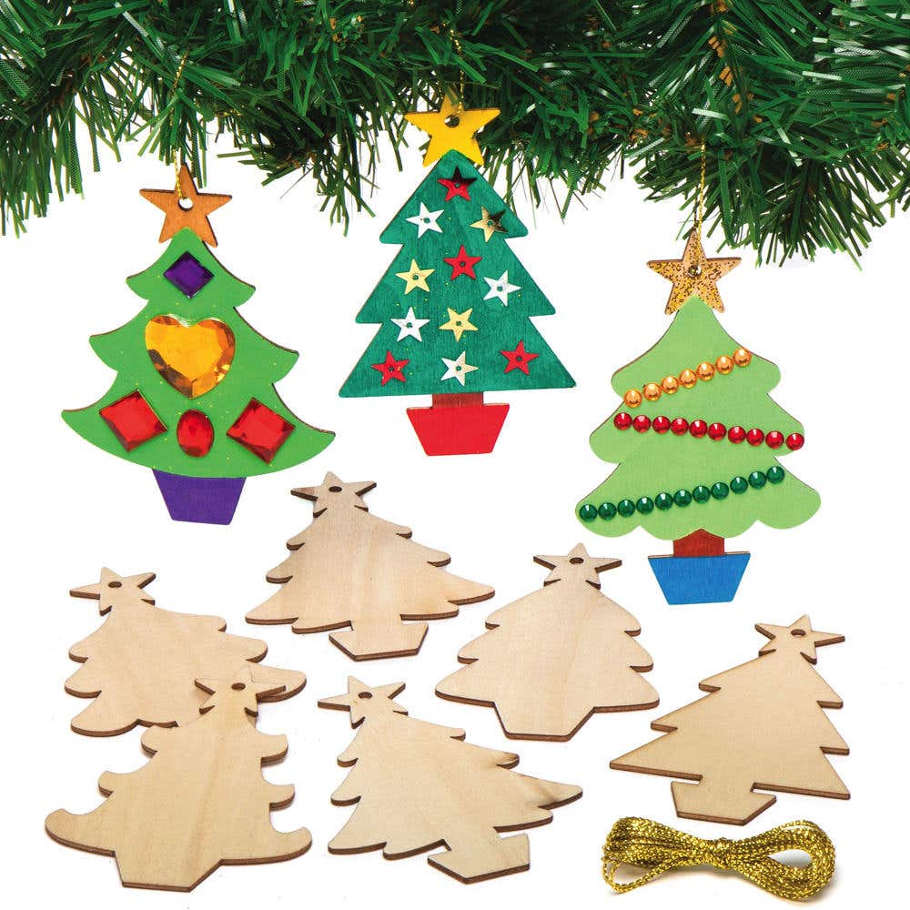 Christmas Tree Wooden Decorations (Pack of 12) Design Your Own, Hanging Cord Included, 6 Assorted Designs