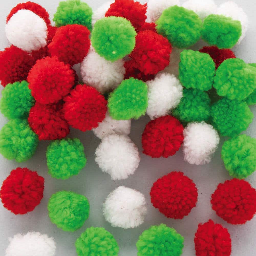 Christmas Woolly Pom Poms (Pack of 90) Christmas Craft Supplies 3 assorted colours - Red, Green & White