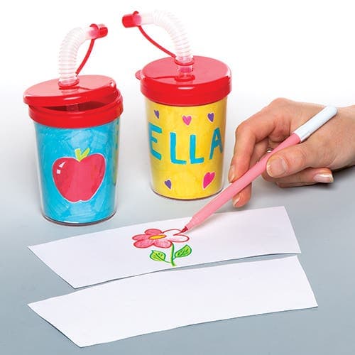 Colour-in Bendy Straw Cups (Pack of 3) Party Tableware Red, Blue & Yellow lids