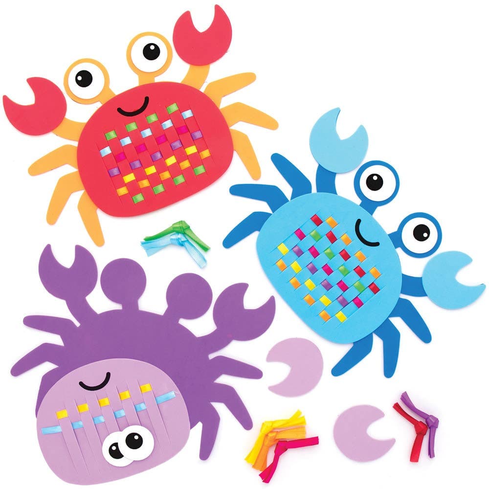 Crab Weaving Kits (Pack of 6) Sewing & Weaving Craft Kits 7 assorted ribbon colours - Orange, Green, Purple, Yellow, Blue, Pink & Red