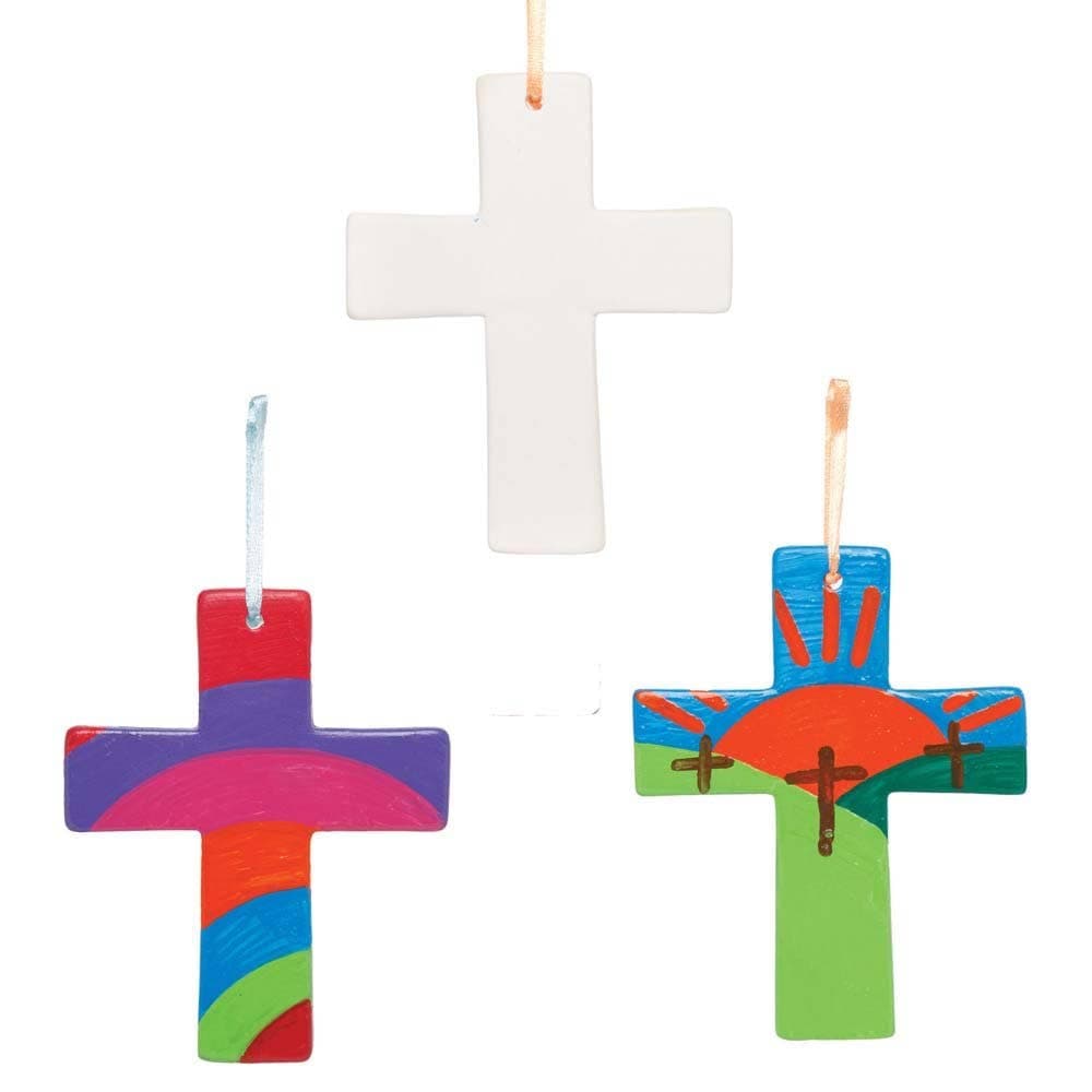 Cross Ceramic Decorations (Pack of 5) Hanging Ribbon Included, Height 10.5cm, Easter Crafts For Kids