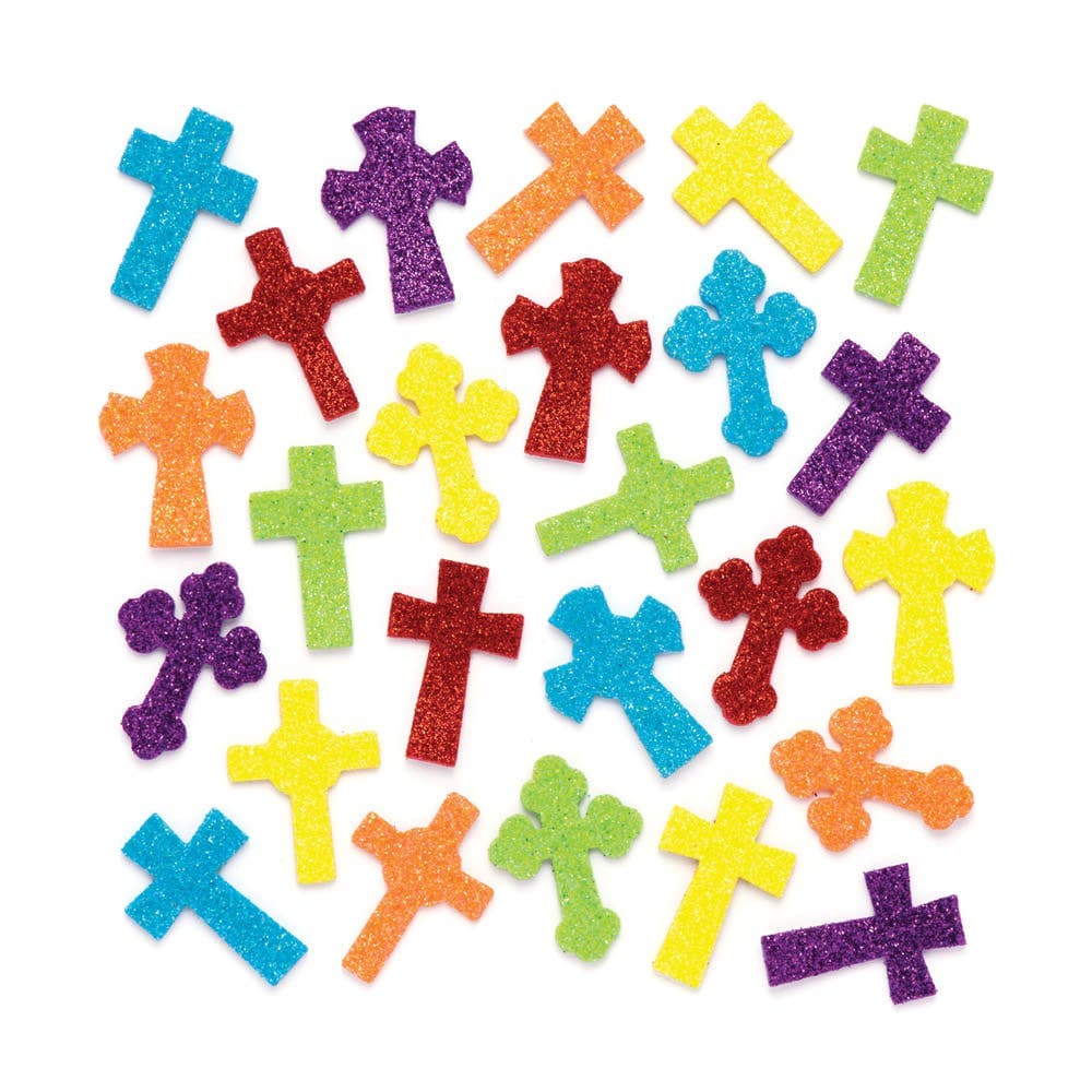 Cross Glitter Foam Stickers (Pack of 120) Easter Craft Supplies, 6 Assorted Colours, 5 Designs