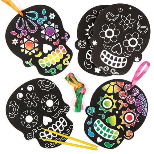 Day of the Dead Scratch Art (Pack of 6) Halloween Themed Crafts For Kids, Scratch Tools & Ribbons Included