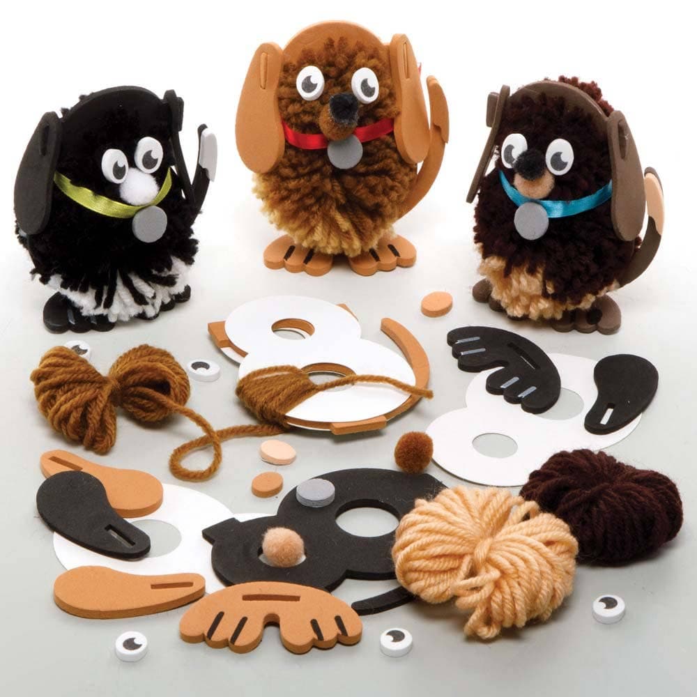 Dog Pom Pom Kits (Pack of 3) Art Craft Kits 3 ribbon colours - Blue, Red & Yellow