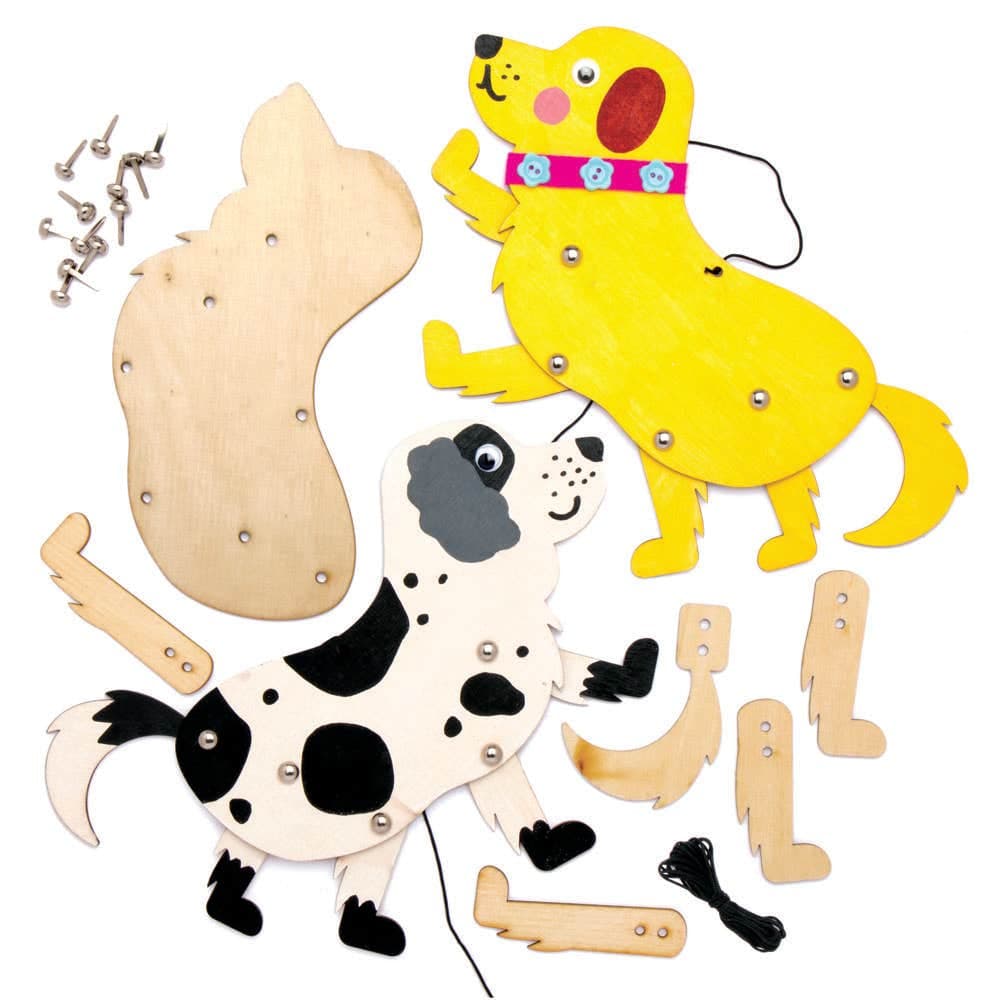Dog Wooden Puppet Kits 16cm (Pack of 4) Make Your Own Craft Kit, Moveable Legs & Tail, No Glue Required