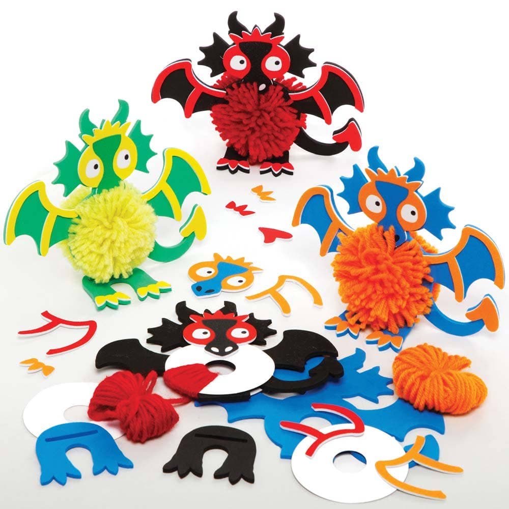 Dragon Pom Pom Kits (Pack of 3) Art Craft Kits 3 dragon colourways - Yellow/Green, Orange/Blue & Red/Black